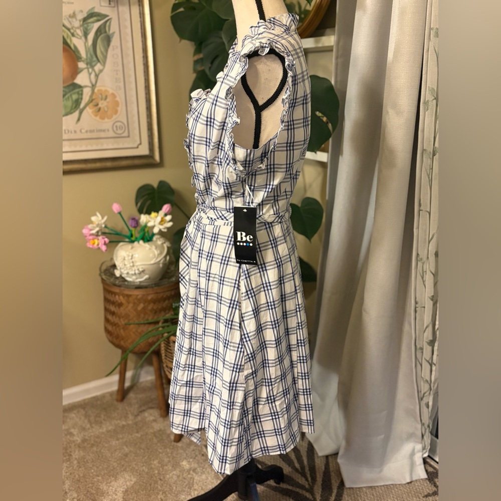 NWT White/Navy Blue Plaid Checkered Ruffle Mini Dress - Picture 5 of 11